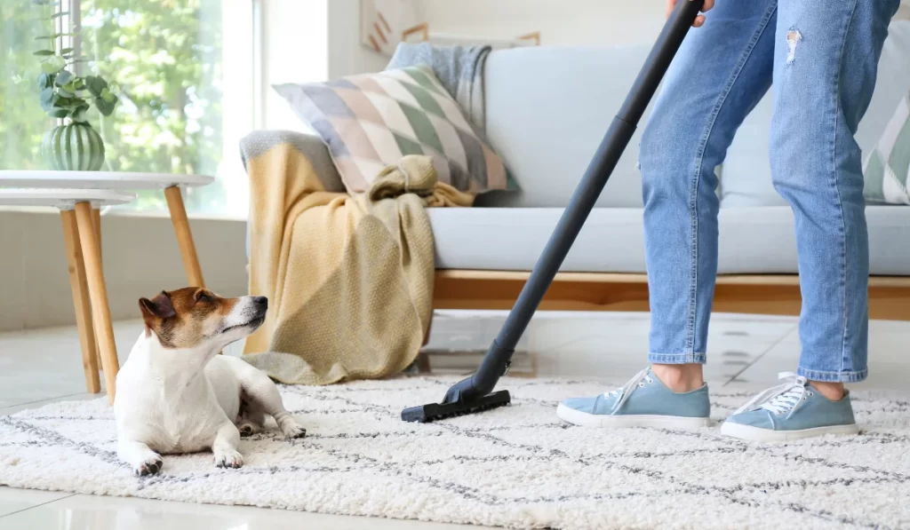 Owner of Dog Cleaning Carpet at Home