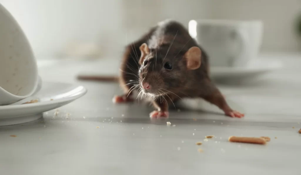 Rat near Dishes on Table Indoors