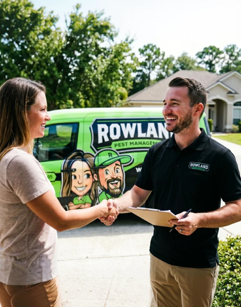 Male pest control technician shaking hands with a female homeowner in front of a Rowland Pest Management van